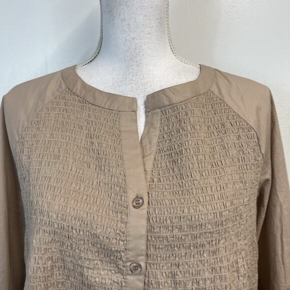 Alessa W. Collection Blouse Tunic Women's sz 10 Khaki Smocked Lace Peasant Boho - Picture 3 of 9